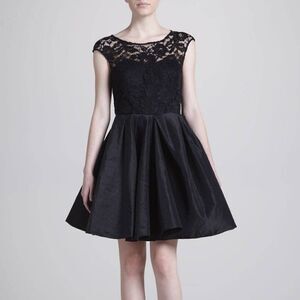 Marchesa Notte Lace Illusion Fit & Flare Taffeta Retro Cocktail Mini Dress Black